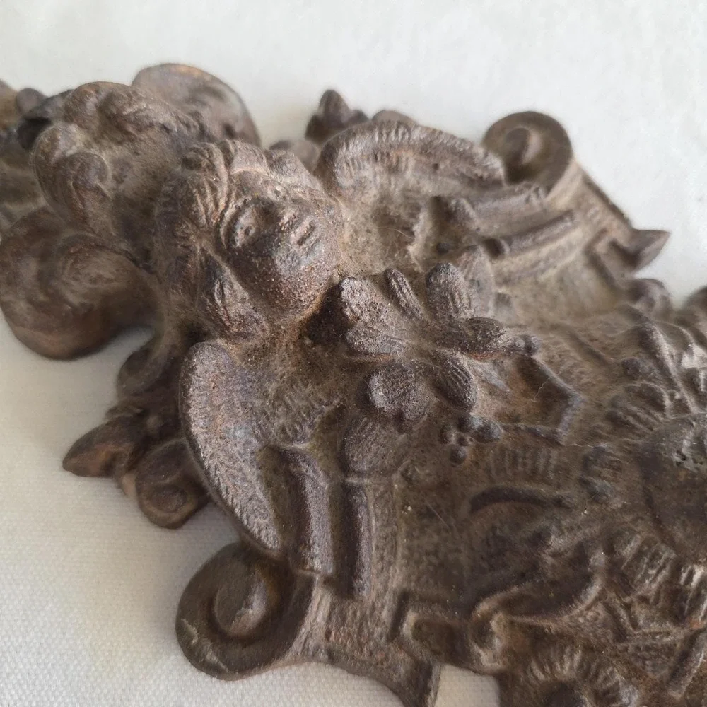 Antique Baroque Victorian Cherub Angel Wall Mount Coat Hook Ornate. Cast Iron.